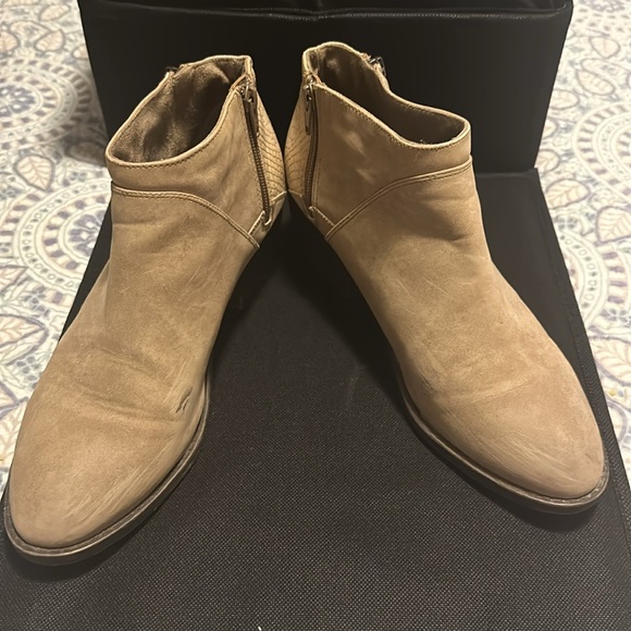 Tan suede ankle booties from StitchFix. Size 10. Snake print detail on heel. - Picture 4 of 5